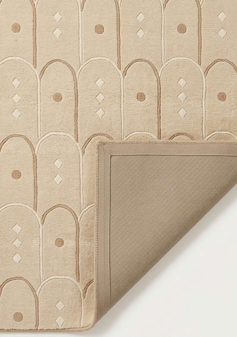 100% Wool Handmade Cream Rug | Art Deco Trellis Carpet With Cotton Backing For Living Room - Indya