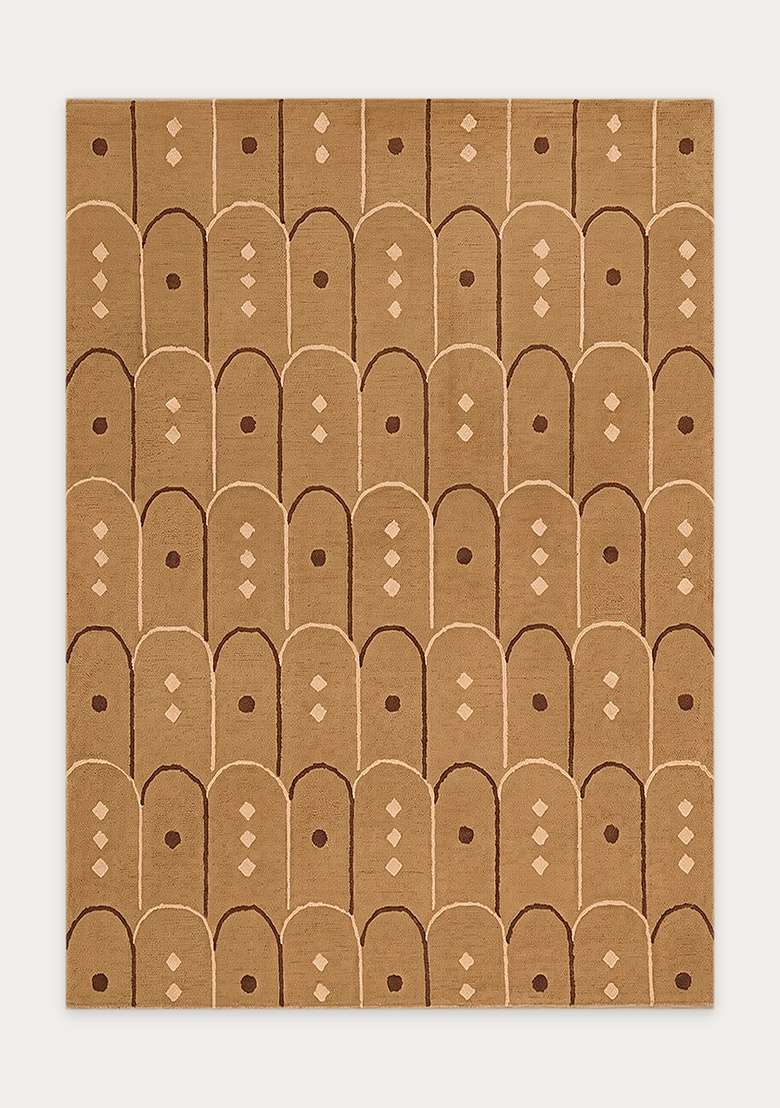 100% Wool Handmade Camel Tan Rug | Art Deco Trellis Carpet With Cotton Backing For Living Room - Indya
