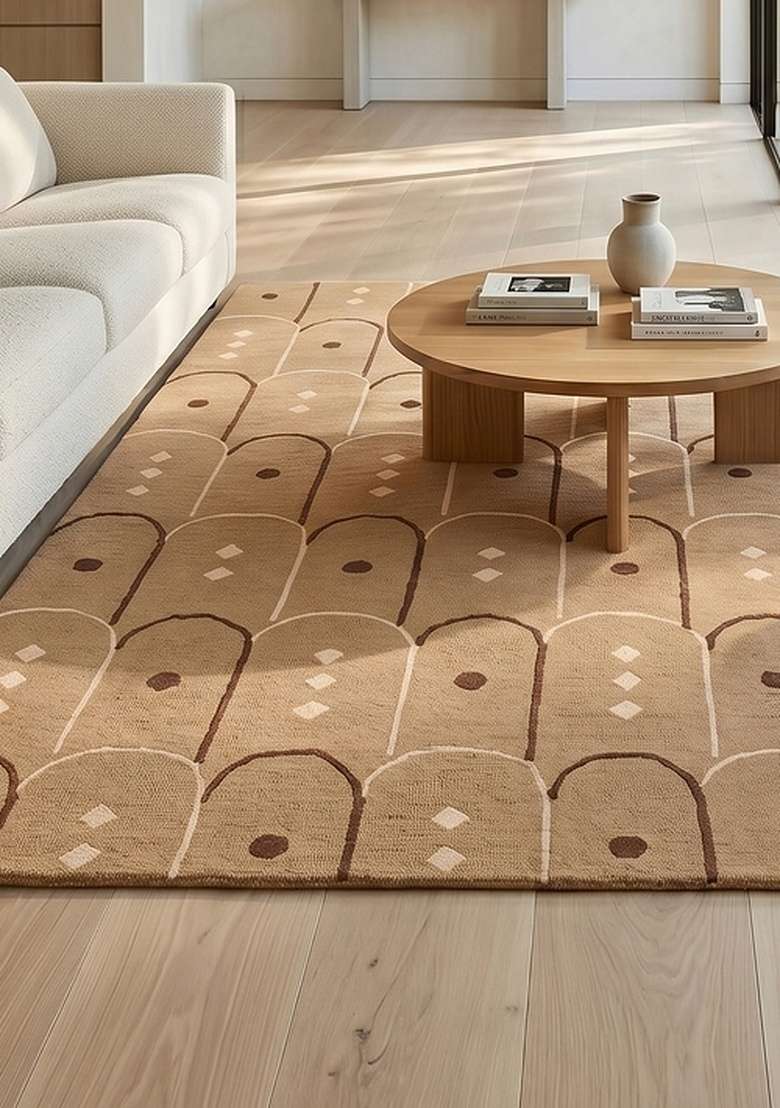 100% Wool Handmade Camel Tan Rug | Art Deco Trellis Carpet With Cotton Backing For Living Room - Indya