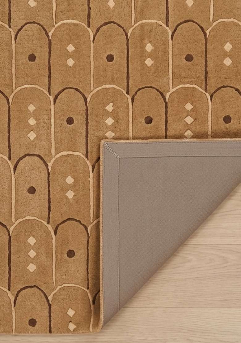 100% Wool Handmade Camel Tan Rug | Art Deco Trellis Carpet With Cotton Backing For Living Room - Indya