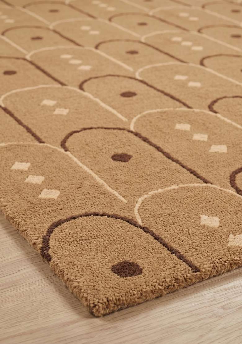 100% Wool Handmade Camel Tan Rug | Art Deco Trellis Carpet With Cotton Backing For Living Room - Indya