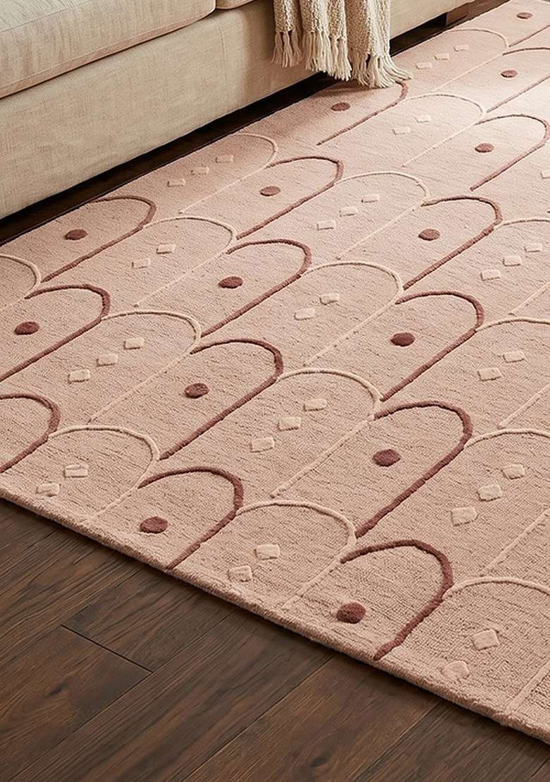 100% Wool Handmade Dusty Rose Rug | Art Deco Trellis Carpet With Cotton Backing For Living Room - Indya