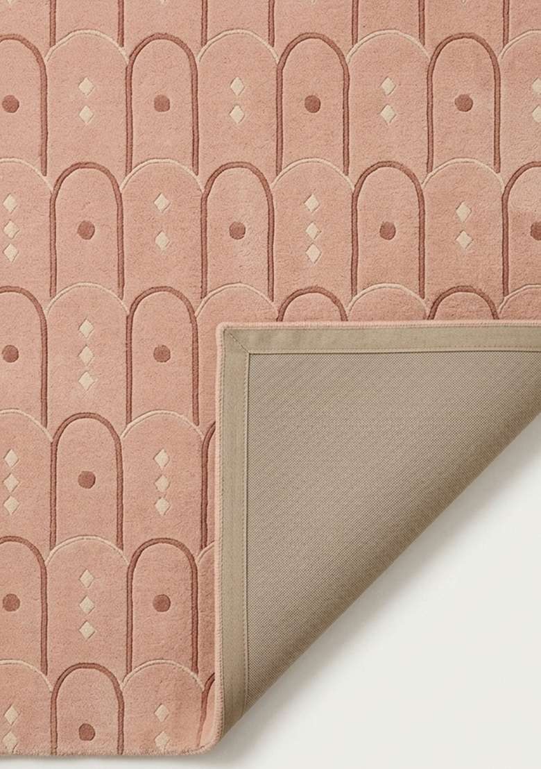 100% Wool Handmade Dusty Rose Rug | Art Deco Trellis Carpet With Cotton Backing For Living Room - Indya