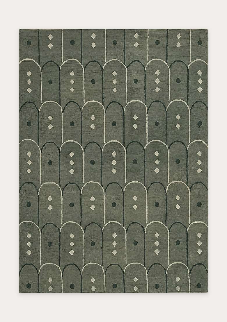 100% Wool Handmade Muted Sage Green Rug | Art Deco Trellis Carpet With Cotton Backing For Living Room - Indya