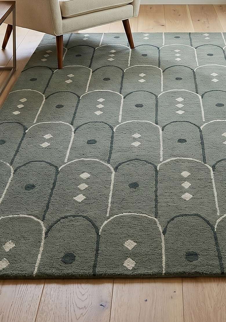 100% Wool Handmade Muted Sage Green Rug | Art Deco Trellis Carpet With Cotton Backing For Living Room - Indya