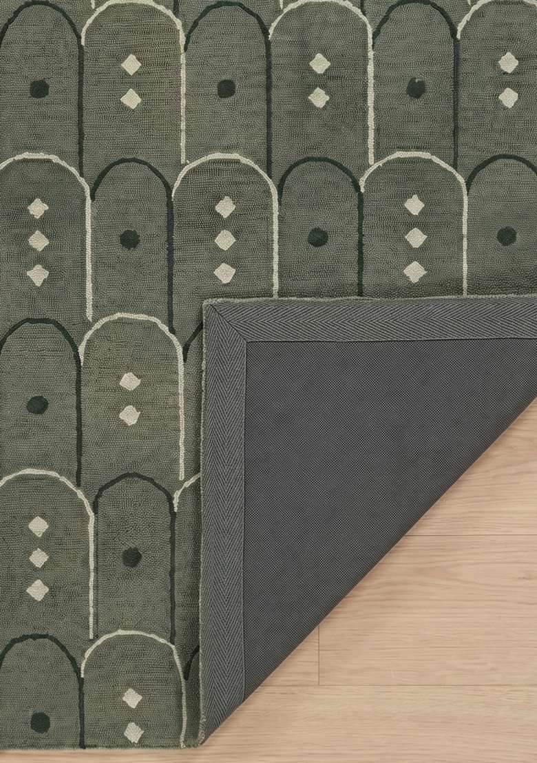 100% Wool Handmade Muted Sage Green Rug | Art Deco Trellis Carpet With Cotton Backing For Living Room - Indya