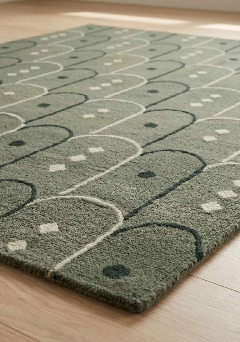 100% Wool Handmade Muted Sage Green Rug | Art Deco Trellis Carpet With Cotton Backing For Living Room - Indya