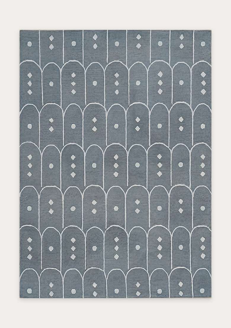 100% Wool Handmade Slate Blue Rug | Art Deco Trellis Carpet With Cotton Backing For Living Room - Indya