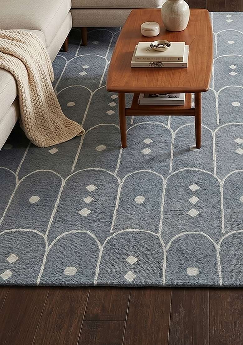 Saffron Rugs Hand-Tufted 100% Wool Area Rug | Slate Blue Rectangular Rug | Cotton Backing | Art Deco Trellis Home Decor Carpet for Living Room Bedroom - Indya