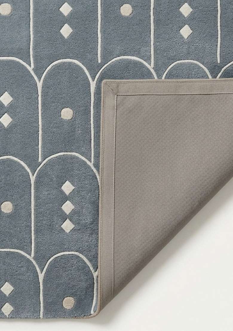 100% Wool Handmade Slate Blue Rug | Art Deco Trellis Carpet With Cotton Backing For Living Room - Indya