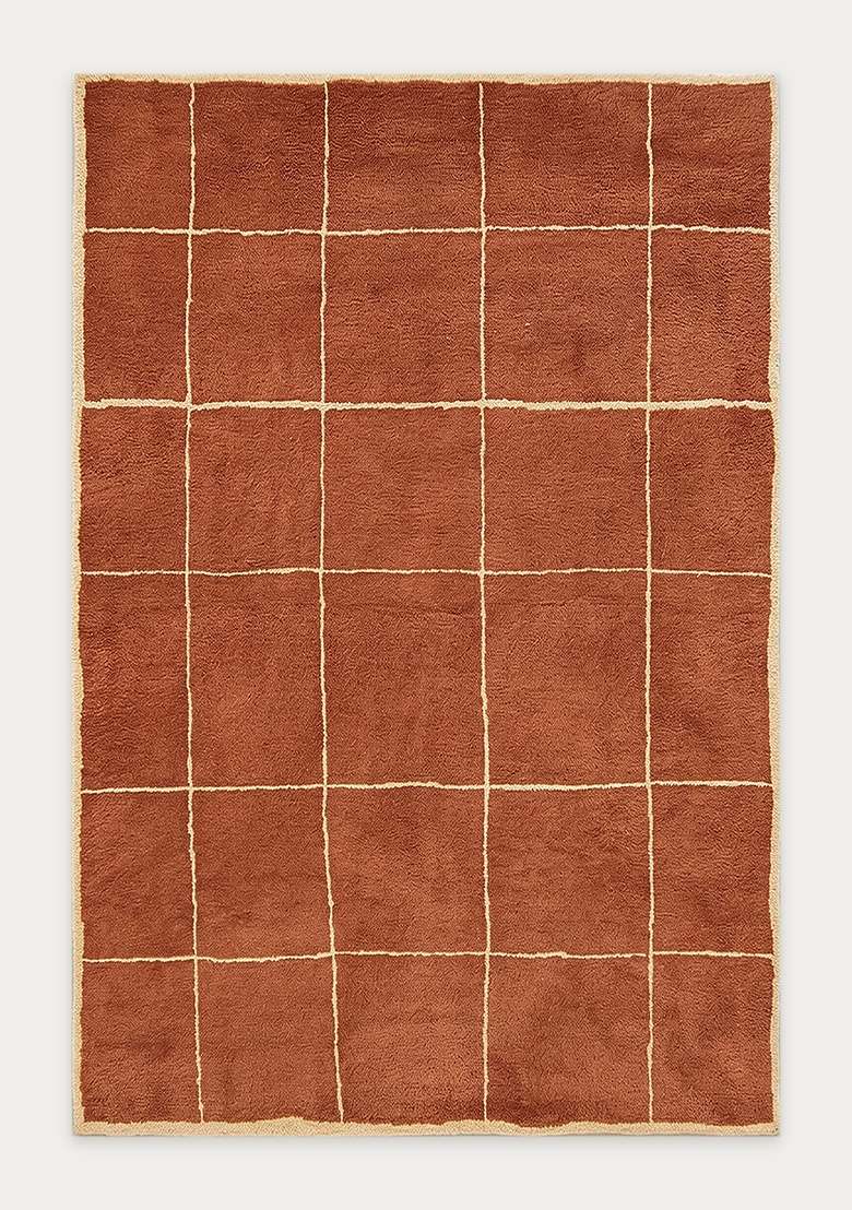 100% Wool Handmade Rust Orange Rug | Contemporary Checkered Carpet With Cotton Backing For Living Room - Indya