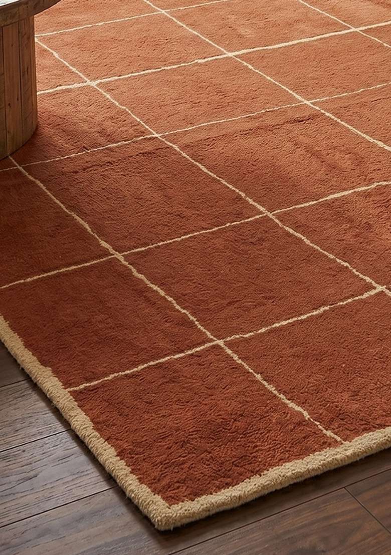 Saffron Rugs Hand-Tufted 100% Wool Area Rug | Rust Orange Rectangular Rug | Cotton Backing | Contemporary Checkered Home Decor Carpet for Living Room Bedroom - Indya