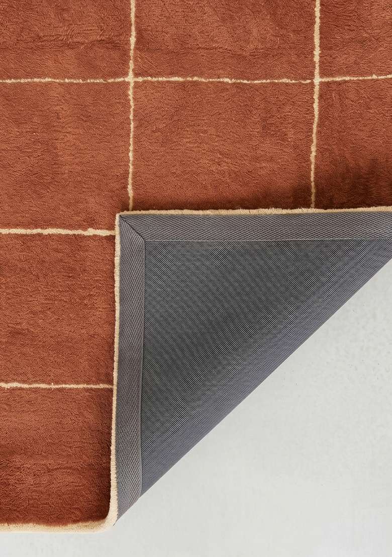 100% Wool Handmade Rust Orange Rug | Contemporary Checkered Carpet With Cotton Backing For Living Room - Indya