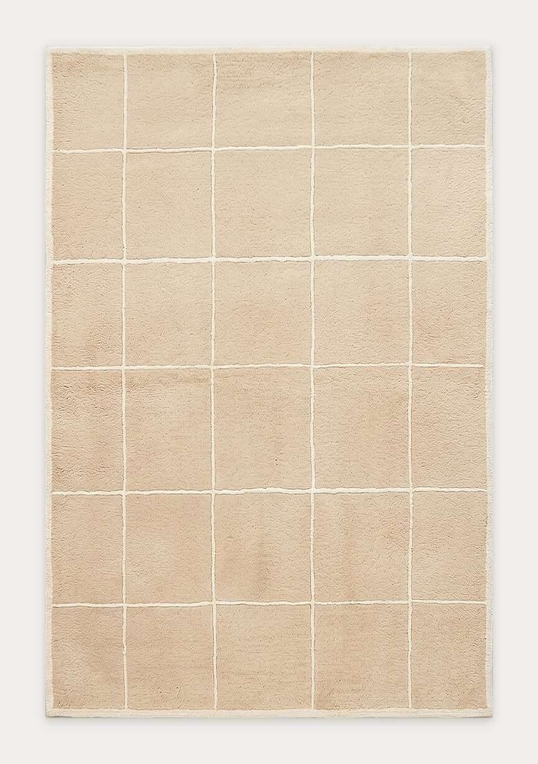 100% Wool Handmade Beige Rug | Contemporary Checkered Carpet With Cotton Backing For Living Room - Indya