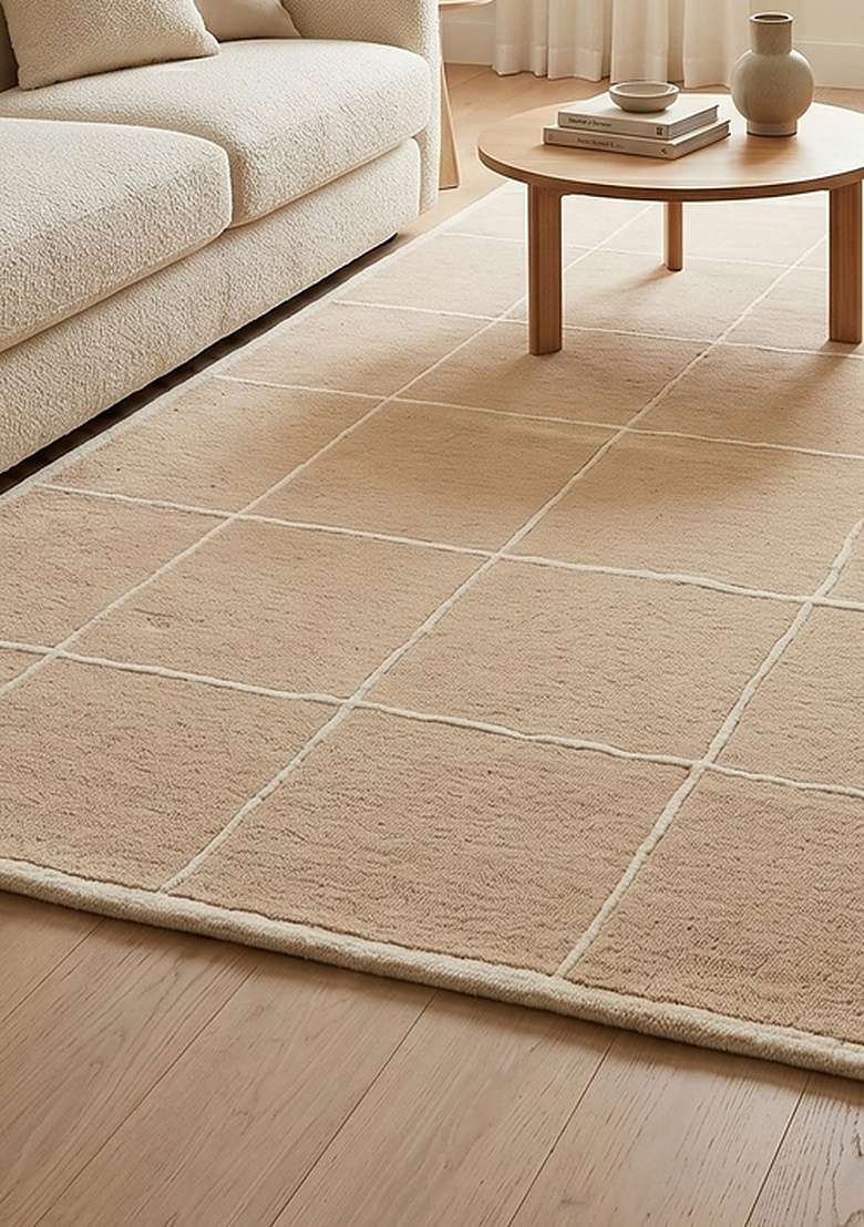 Saffron Rugs Hand-Tufted 100% Wool Area Rug | Beige Rectangular Rug | Cotton Backing | Contemporary Checkered Home Decor Carpet for Living Room Bedroom - Indya