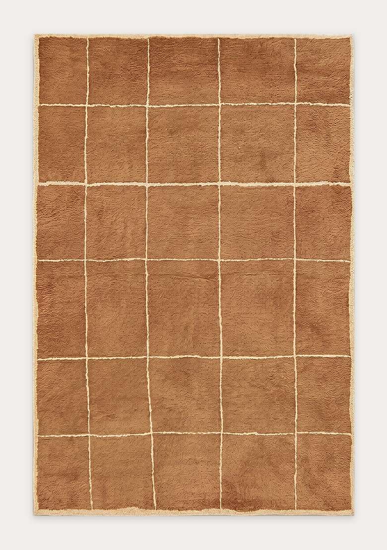 100% Wool Handmade Camel Tan Rug | Contemporary Checkered Carpet With Cotton Backing For Living Room - Indya