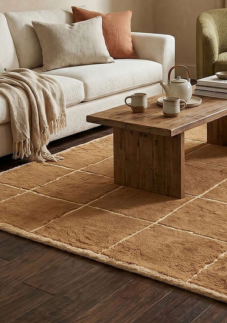 100% Wool Handmade Camel Tan Rug | Contemporary Checkered Carpet With Cotton Backing For Living Room - Indya