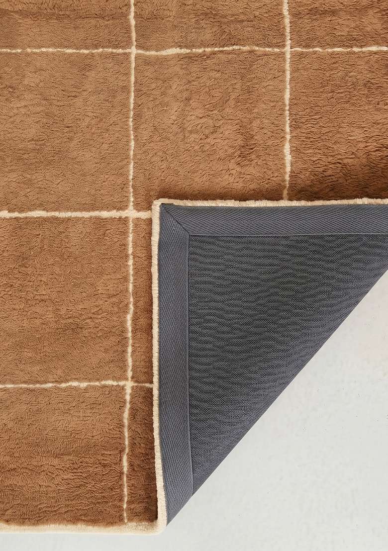 100% Wool Handmade Camel Tan Rug | Contemporary Checkered Carpet With Cotton Backing For Living Room - Indya