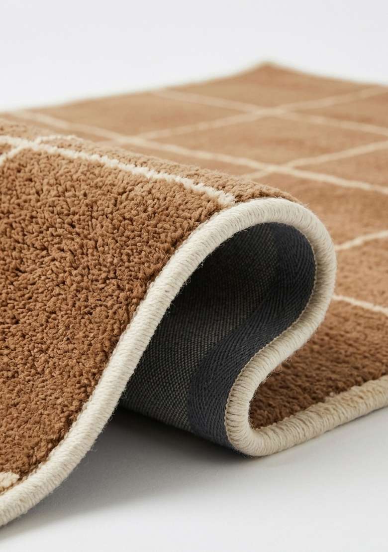 100% Wool Handmade Camel Tan Rug | Contemporary Checkered Carpet With Cotton Backing For Living Room - Indya