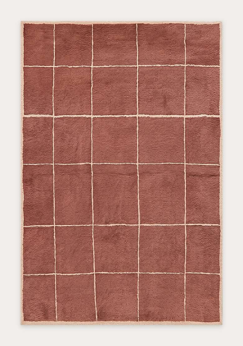100% Wool Handmade Dusty Rose Rug | Contemporary Checkered Carpet With Cotton Backing For Living Room - Indya