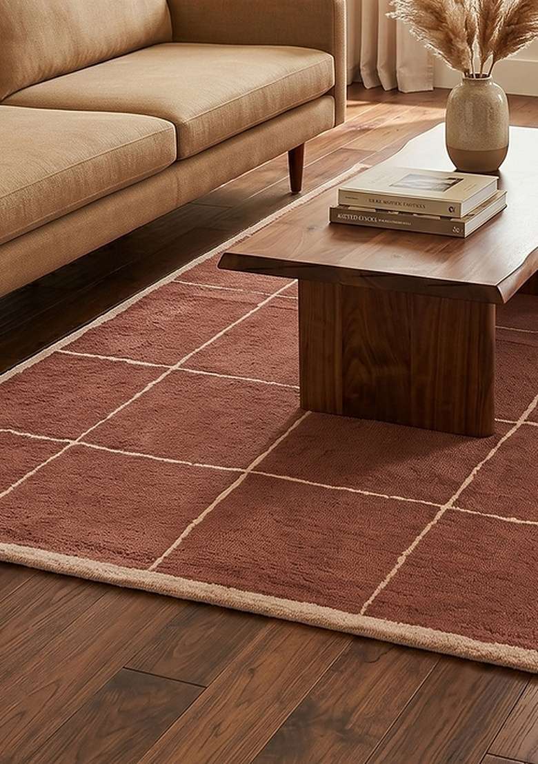 100% Wool Handmade Dusty Rose Rug | Contemporary Checkered Carpet With Cotton Backing For Living Room - Indya