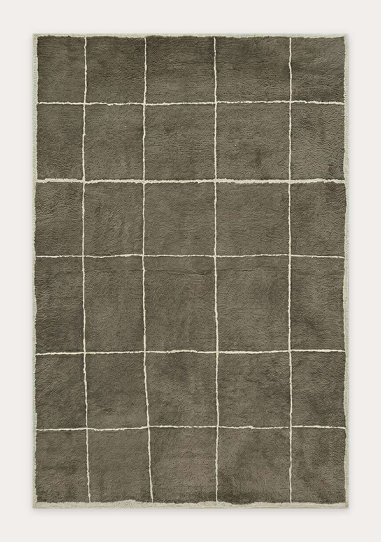 100% Wool Handmade Olive Gray Rug | Contemporary Checkered Carpet With Cotton Backing For Living Room - Indya
