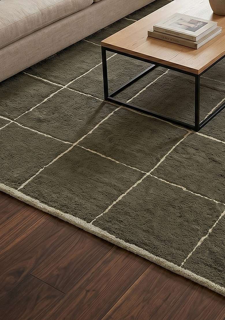 100% Wool Handmade Olive Gray Rug | Contemporary Checkered Carpet With Cotton Backing For Living Room - Indya