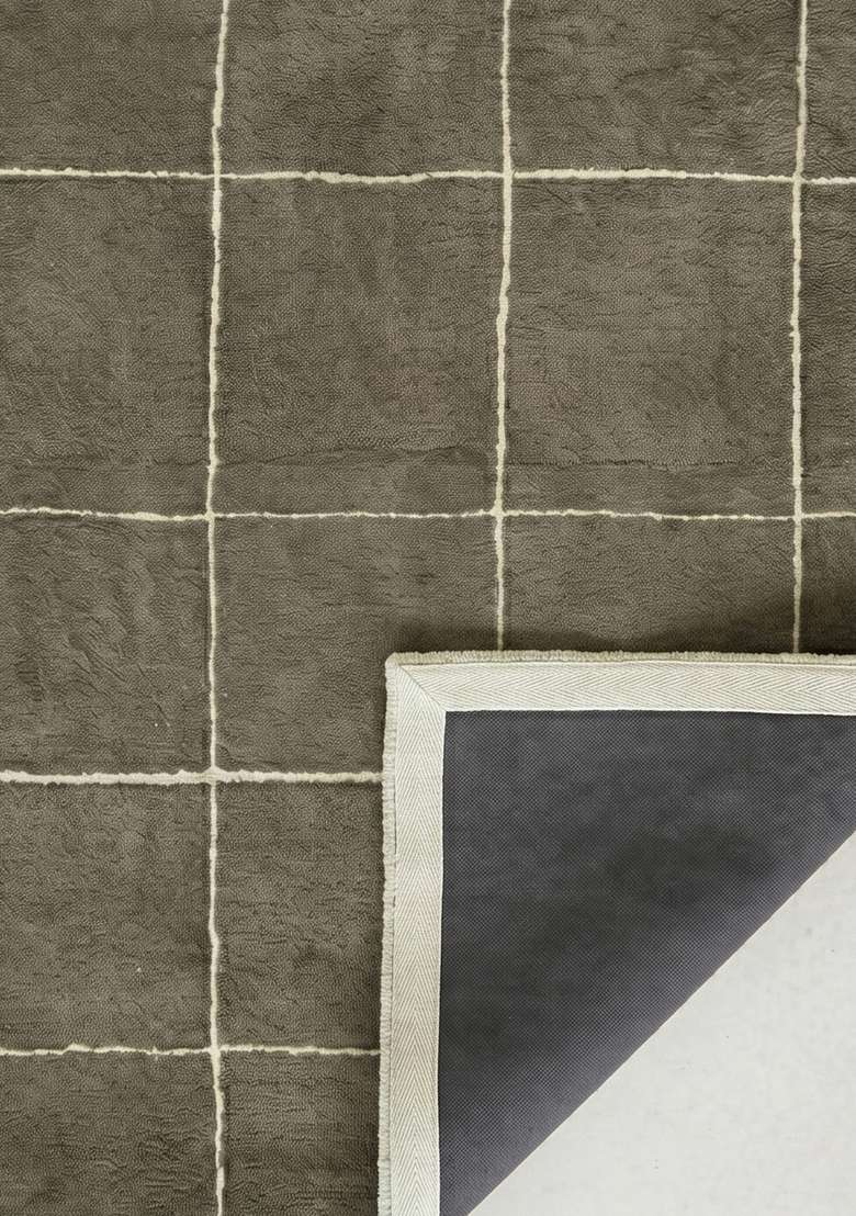 100% Wool Handmade Olive Gray Rug | Contemporary Checkered Carpet With Cotton Backing For Living Room - Indya