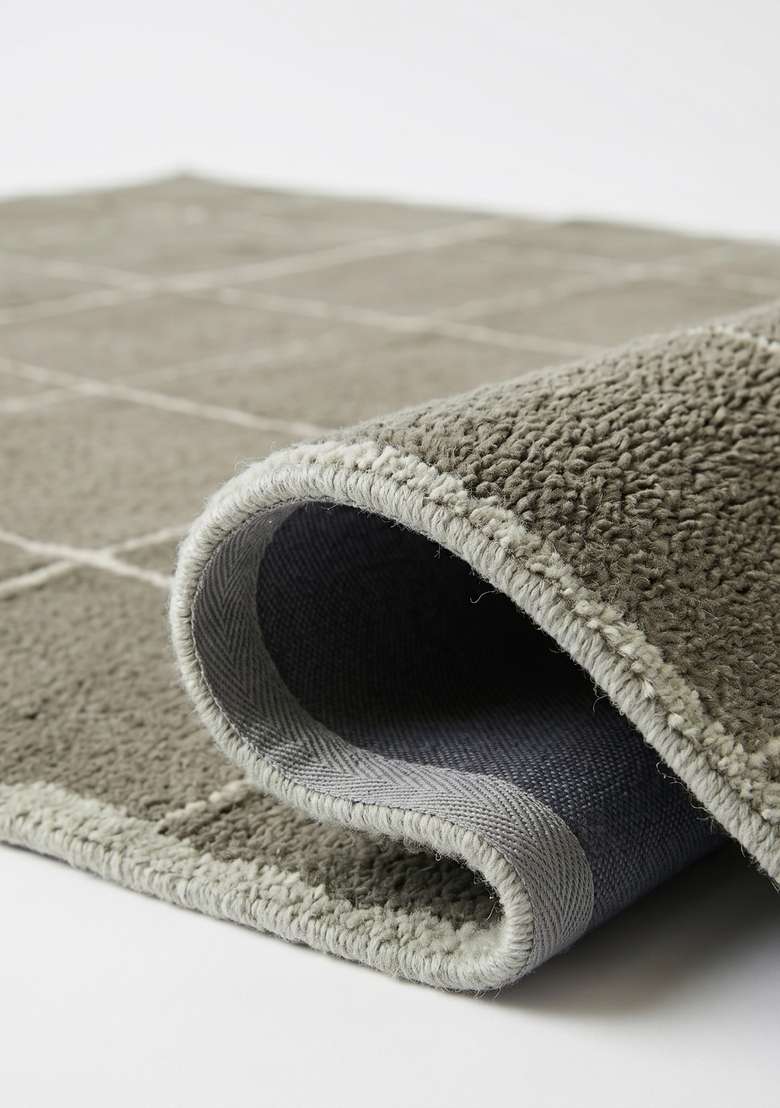 100% Wool Handmade Olive Gray Rug | Contemporary Checkered Carpet With Cotton Backing For Living Room - Indya