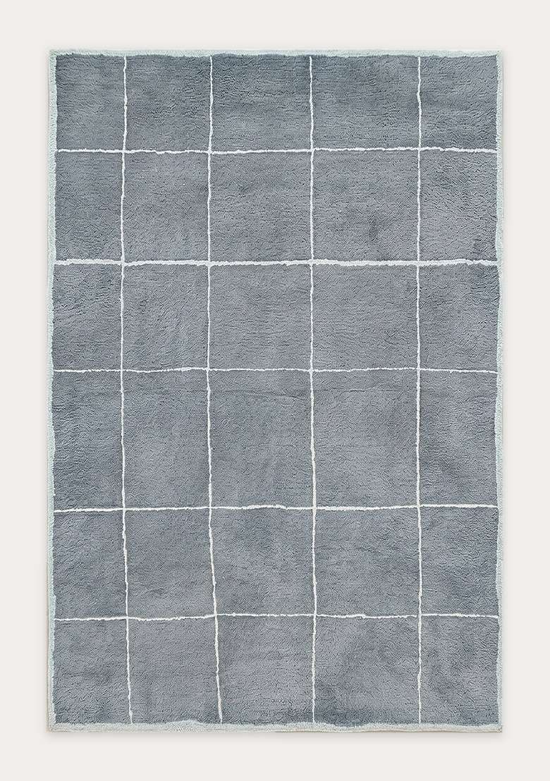 100% Wool Handmade Slate Blue Rug | Contemporary Checkered Carpet With Cotton Backing For Living Room - Indya
