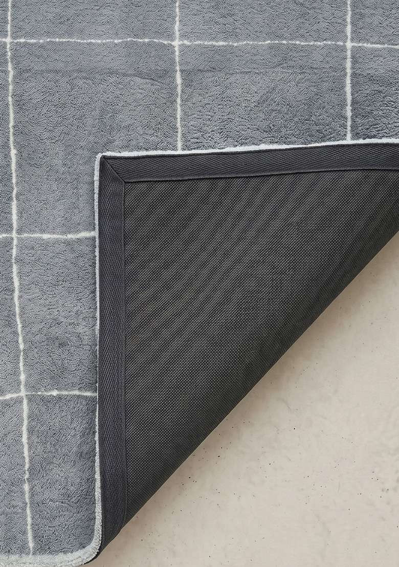 100% Wool Handmade Slate Blue Rug | Contemporary Checkered Carpet With Cotton Backing For Living Room - Indya