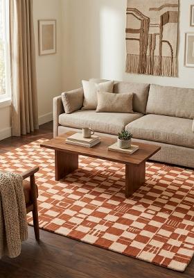 Saffron Rugs Hand-Tufted 100% Wool Area Rug | Rust Orange Rectangular Rug | Cotton Backing | Mid-Century Modern Checkered Home Decor Carpet for Living Room Bedroom
