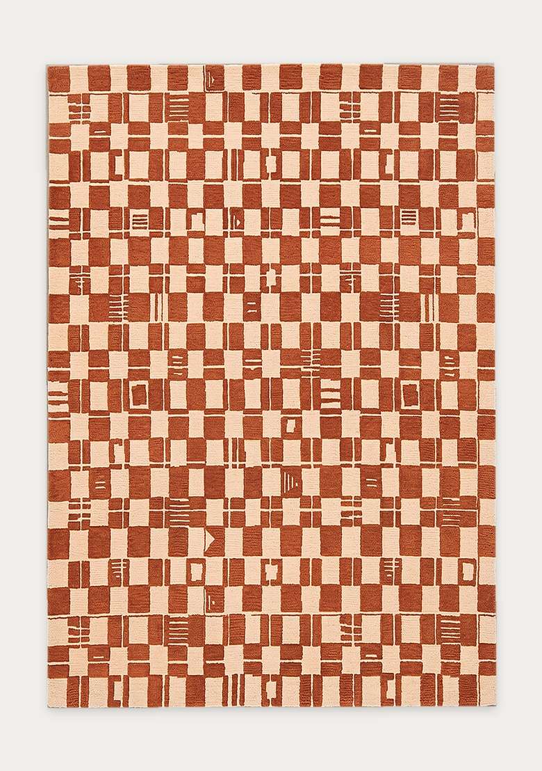 100% Wool Handmade Rust Orange Rug | Mid Century Modern Checkered Carpet With Cotton Backing For Living Room - Indya