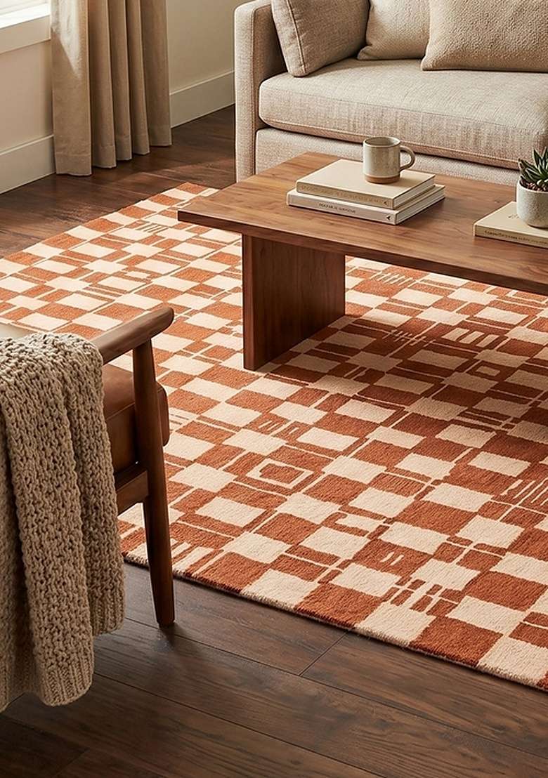 100% Wool Handmade Rust Orange Rug | Mid Century Modern Checkered Carpet With Cotton Backing For Living Room - Indya