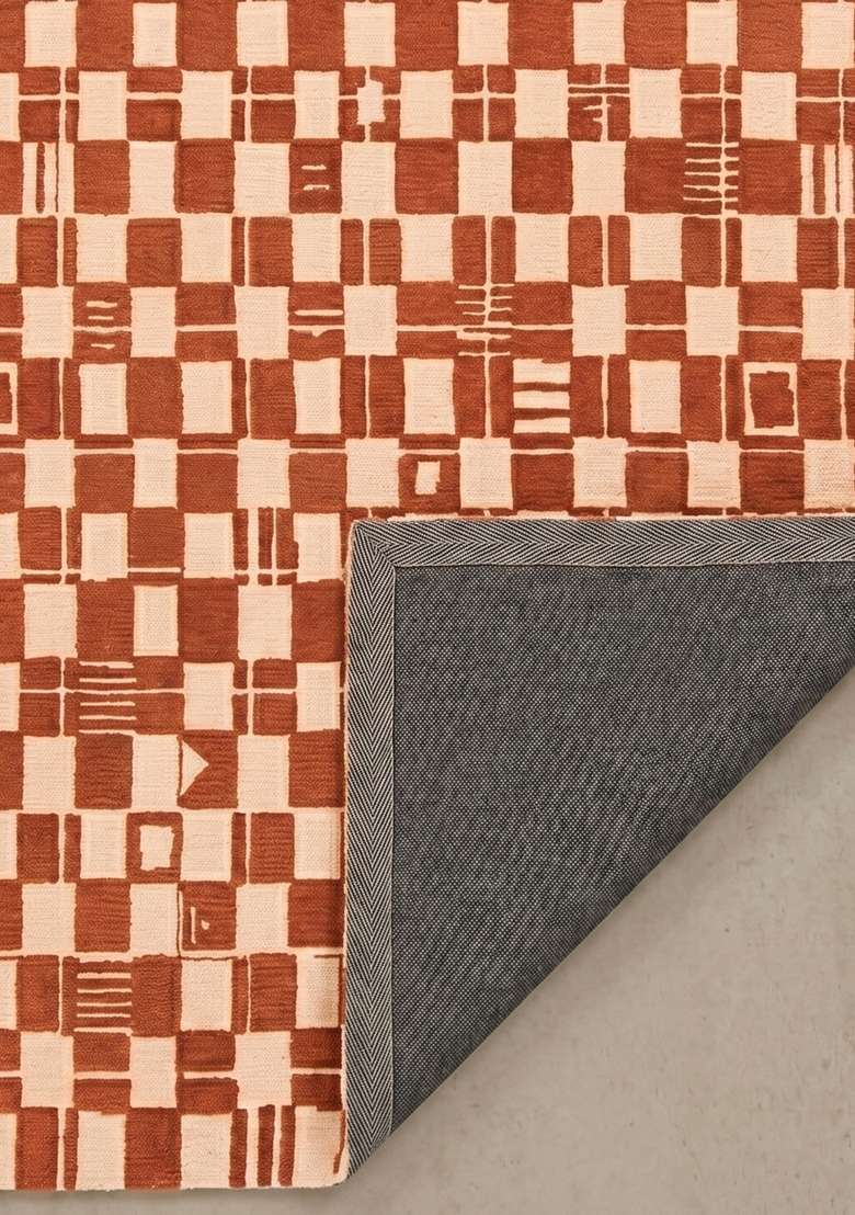 100% Wool Handmade Rust Orange Rug | Mid Century Modern Checkered Carpet With Cotton Backing For Living Room - Indya