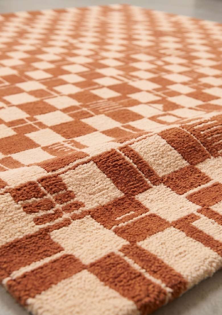 100% Wool Handmade Rust Orange Rug | Mid Century Modern Checkered Carpet With Cotton Backing For Living Room - Indya