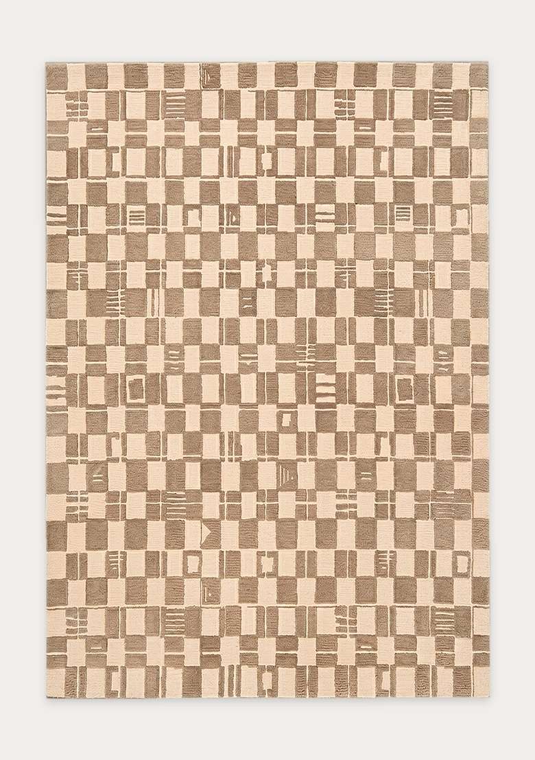 100% Wool Handmade Greige Rug | Mid Century Modern Checkered Carpet With Cotton Backing For Living Room - Indya