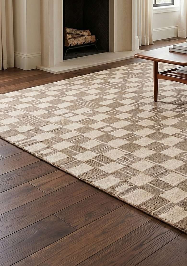 100% Wool Handmade Greige Rug | Mid Century Modern Checkered Carpet With Cotton Backing For Living Room - Indya
