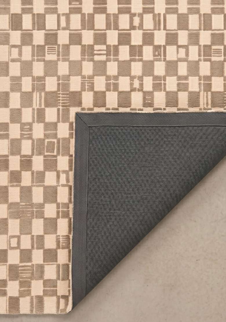 100% Wool Handmade Greige Rug | Mid Century Modern Checkered Carpet With Cotton Backing For Living Room - Indya