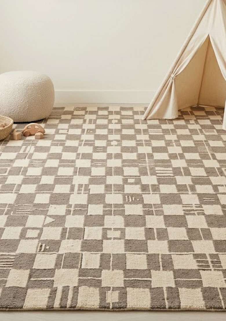 100% Wool Handmade Greige Rug | Mid Century Modern Checkered Carpet With Cotton Backing For Living Room - Indya