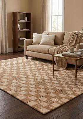 Saffron Rugs Hand-Tufted 100% Wool Area Rug | Camel Tan Rectangular Rug | Cotton Backing | Mid-Century Modern Checkered Home Decor Carpet for Living Room Bedroom