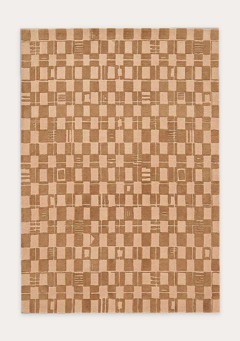 100% Wool Handmade Camel Tan Rug | Mid Century Modern Checkered Carpet With Cotton Backing For Living Room - Indya