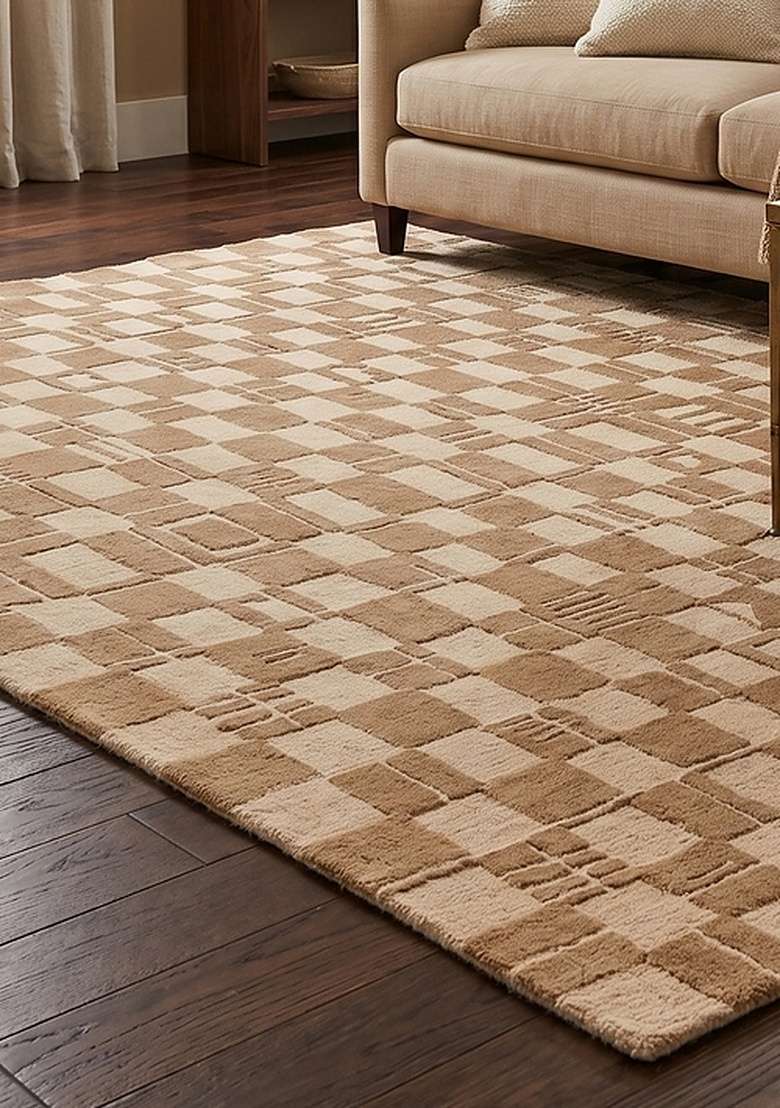 100% Wool Handmade Camel Tan Rug | Mid Century Modern Checkered Carpet With Cotton Backing For Living Room - Indya