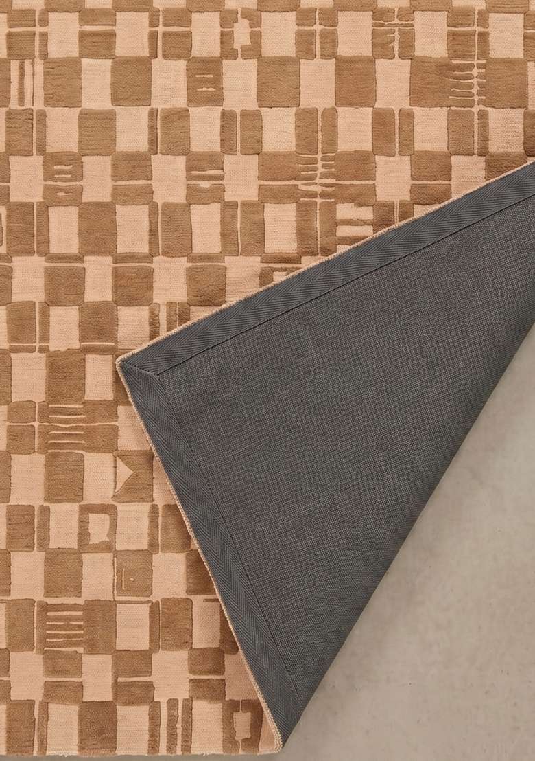 100% Wool Handmade Camel Tan Rug | Mid Century Modern Checkered Carpet With Cotton Backing For Living Room - Indya