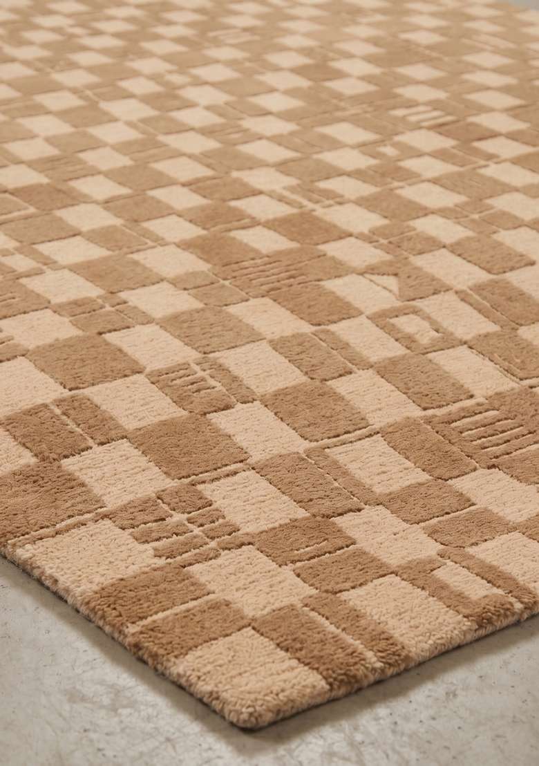 100% Wool Handmade Camel Tan Rug | Mid Century Modern Checkered Carpet With Cotton Backing For Living Room - Indya