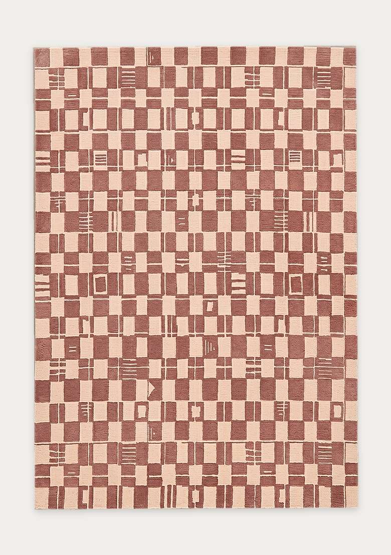 100% Wool Handmade Dusty Rose Rug | Mid Century Modern Checkered Carpet With Cotton Backing For Living Room - Indya