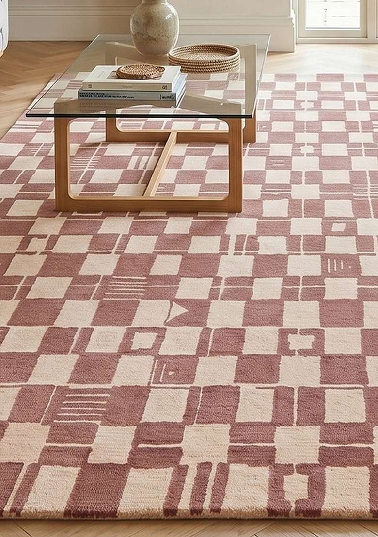 100% Wool Handmade Dusty Rose Rug | Mid Century Modern Checkered Carpet With Cotton Backing For Living Room - Indya