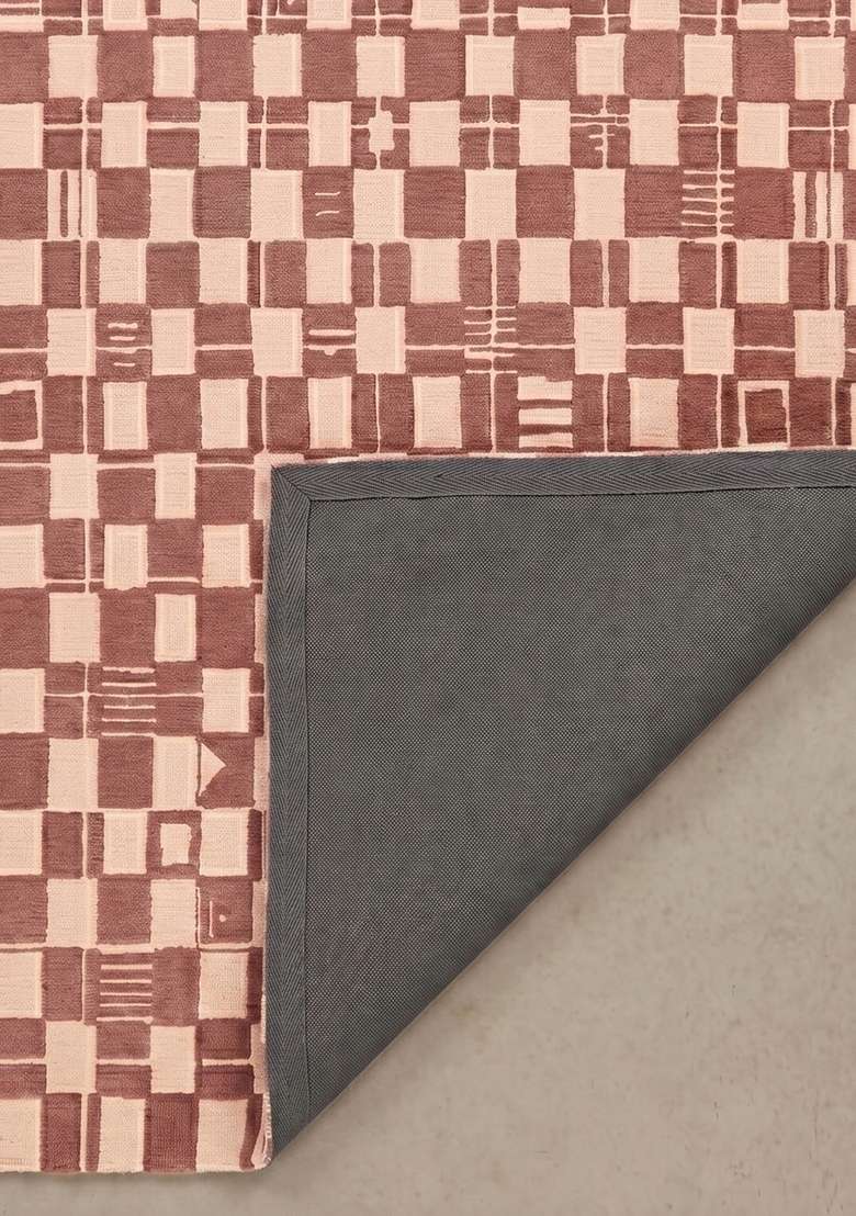 100% Wool Handmade Dusty Rose Rug | Mid Century Modern Checkered Carpet With Cotton Backing For Living Room - Indya