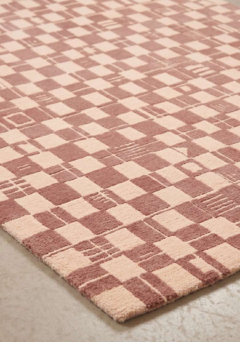 100% Wool Handmade Dusty Rose Rug | Mid Century Modern Checkered Carpet With Cotton Backing For Living Room - Indya
