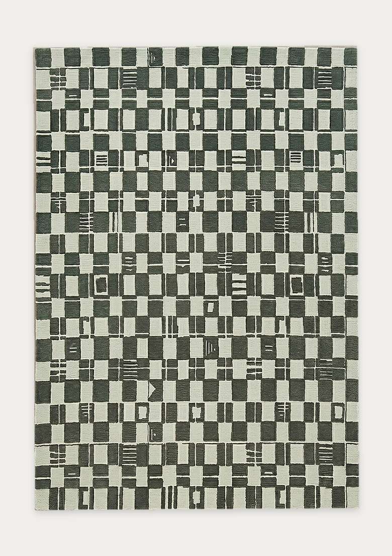 100% Wool Handmade Forest Green Rug | Mid Century Modern Checkered Carpet With Cotton Backing For Living Room - Indya